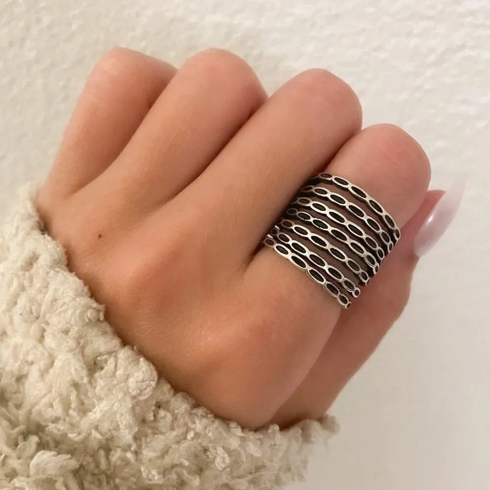 925 Sterling Silver Thick Wide Ring Band Statement Ring Stacked Multi Layer Ring